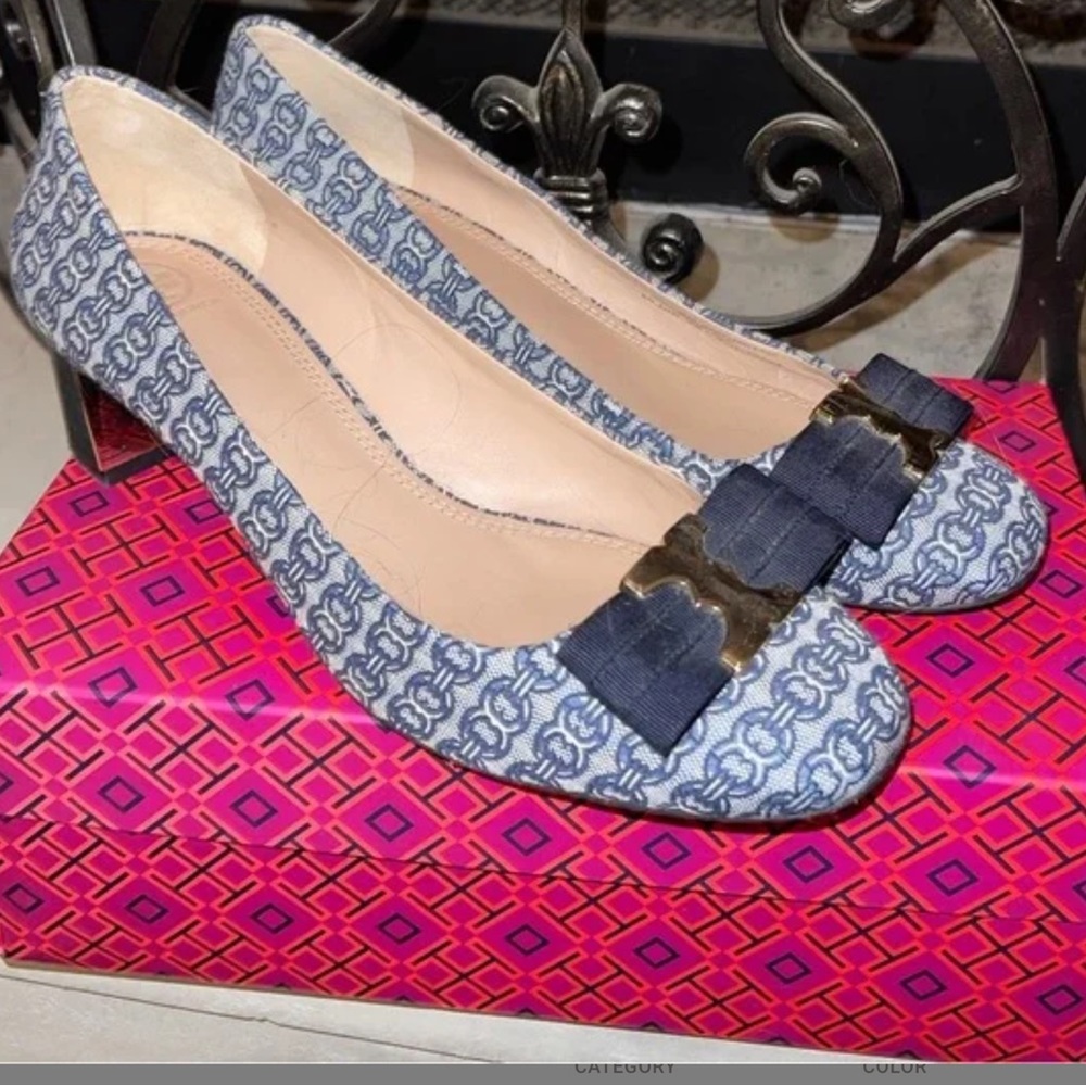 Tory Burch Gemini Chain Blue Bow Like New Pumps 10.5